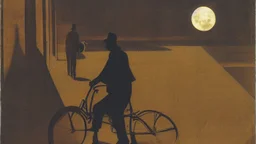 evening, in the moonlight, the shadow of a man on a bicycle , statue of a phosphorescent musical note