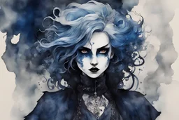 an deeply abstract ink wash and watercolor illustration of a Goth vampire girl with highly detailed hair and facial features , in the abstract expressionist style, indigo and jasper, ragged and torn Victorian costumes, hard , gritty, and edgy depictions, full body, fullshot, vibrant forms, Shironuri and Mori Kei aesthetic, ethereal, otherworldly