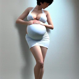 realistic photo of a 23-year-old beautiful tomboy, short men's hairstyle, short black hair, boyish face, beautiful women's cleavage, wide hips, big ass, pregnant in a satin lace dressing gown in a maternity ward