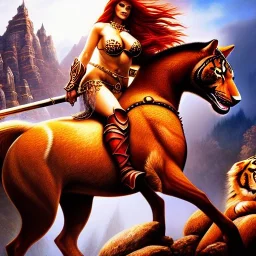 ultra detailed fullbody portrait of beautiful busty Red Sonja Riding a Giant Tiger , extremely detailed digital painting, intrincate, extremely detailed face,crystal clear Big eyes, in the style of wayne reynolds, mystical colors , perfectly centered image, perfect composition, rim light, beautiful lighting,8k, stunning scene, raytracing