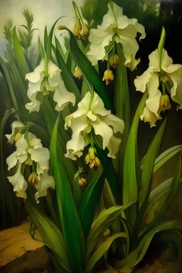 green! irises, transparent background, painting 17th century, no frame!