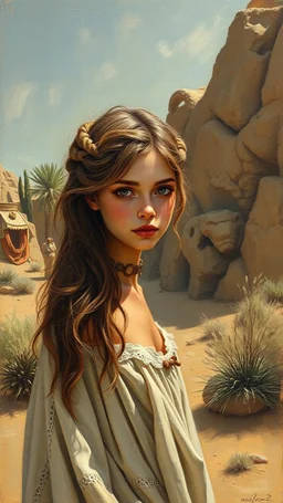 Bosch painting style a very beautiful girl with hair if white fathers standing in the desert oasis
