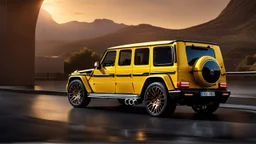 A fusion of G-class and Bugatti Veyron, rear view, cinematic, luxurious --chaos 80 --ar 16:9 --style raw --stylize 700
