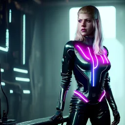 Actress, young Katheryn Winnick, android woman, blade runner style, rain, fog, neon ambient, gradient, clean skin, circuits, latex transparent coat, cyber punk, neon, army, tubes, blood, portrait, studio photo, unreal engine 5, smooth color, 16 bit, god lights, ray tracing, RTX, lumen lighting, ultra deatail, volumetric lighting, 3d, finely drawn, hd.