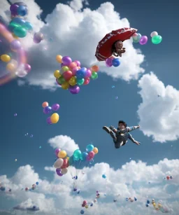 Ultra realistic speed clouds sky scene, wide angle view, strong men falling down with many Childs background, circus clothing style, feather color clothing, free jumping flying, many trinkets, hair monster, many jelly beans, balls, color smoke, smile, happy, extreme, wind, clouds sea, 20,000 feet altitude, stratosphere, soft color, highly detailed, unreal engine 5, ray tracing, RTX, lumen lighting, ultra detail, volumetric lighting, 3d, finely drawn, high definition, high resolution.