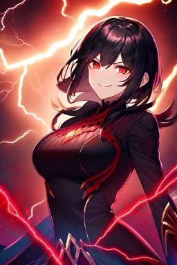 girl, masterpiece, best quality, cinematic lighting, detailed outfit, vibrant colors, perfect eyes, black hair, vibrant red eyes, lightning magic, angry, smile, evil look,