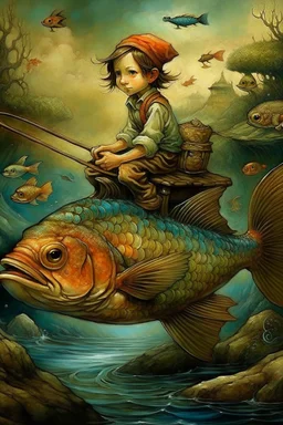 a painting of a young boy riding a fish, a storybook illustration by Esao Andrews, cgsociety, pop surrealism, storybook illustration, whimsical, detailed painting, ukiyo-e style