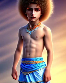 beautiful 12 year old arabic boy with curly hair and light blue eyes dressed in loincloth