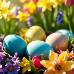 A hyperrealistic 8K photograph, 16:9 aspect ratio, cinematic lighting with shallow depth of field, from a slightly elevated close-up perspective. The focal point: a meticulously arranged cluster of Easter eggs nestled amongst vibrant spring blossoms—daffodils, tulips, and hyacinths. Each egg, flawlessly smooth with a glossy surface, reflects soft, diffused sunlight filtering through a sun-drenched garden. Colors are intensely saturated: azure, emerald, ruby, golden yellow, and blush pink. In
