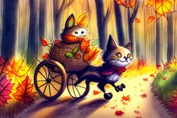 Cute little happy cat scarecrow riding a trike, forest path background, autumn, leaves swirling, waterfall, reflection, mist, sunrise, smooth intricate photorealistic hyperrealistic high definition beautiful lighting pencil sketch watercolor dramatic lighting storybook illustration polished Deep shadows deep color warm light