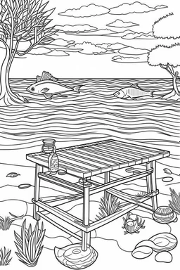 Outline art for coloring page, PICNIC TABLE WITH NETS ON THE TABLE AND FISH ON THE TABLE ON A HAWAII BEACH, coloring page, white background, Sketch style, only use outline, clean line art, white background, no shadows, no shading, no color, clear