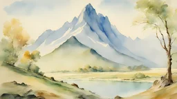 Watercolor painting on paper of as a series of mountains, more than 80 times taller than any mountain on Earth, but without snow or ice. Instead, Aslan's Country has a clear blue sky, lush green grass, colourful birds, and beautiful trees. by J M W Turner