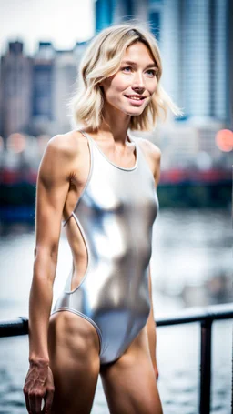 beautiful anorexic asian female, total shot, shiny silver triathlon swimsuit, short blond wavy bob hair, blurred city background