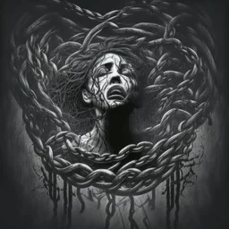 Generate an image that depicts a person trapped in the clutches of addiction, with visual elements symbolizing the allure and dangers of substance abuse, such as dark shadows, chains, or swirling vortexes.