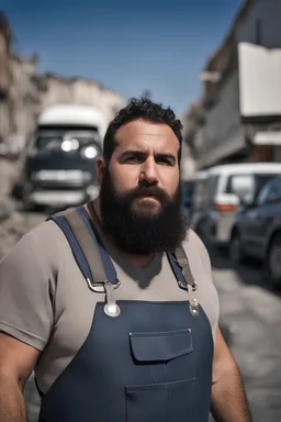 close up photography of an ugly 36 year old chubby robust burly turkish plumber, wearing his work unbuttoned bulging overalls, bulge, shirtless, leaning with his back to his van, arms folded and emotive look, ajar mouth, hairy chest, , very virile, short black beard, shaved hair, sweat, , in a sunny street, photorealistic , frontal view from the ground