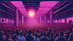 detailed futuristic saturated cartoon of people dancing in an old worn-down huge, abandoned warehouse. (massive speakers). DJ, nostalgic feelings. old rave posters on the walls. massive speakers that people are hanging out in. listening to music and jumping and dancing. thousands of people partying. rave cave dancing dave. rave glow lights scattered