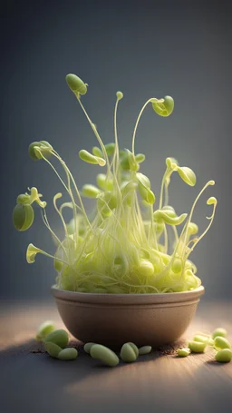 Bean Sprouts. Photography. Realistic photo. HD. Glowing. 3d style