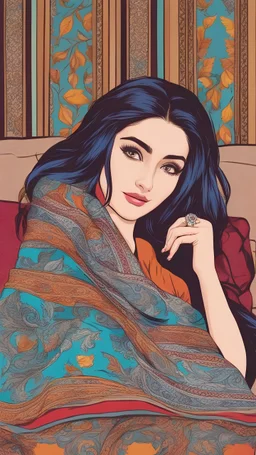 beautiful persian female drawings in colorful pen vector images, comic, white background, manga, scarf, lying on the couch, on side, barefoot