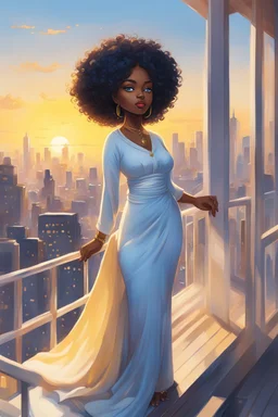 The scene opens onto a serene balcony overlooking a bustling city skyline. The sky above is painted in soft hues of blue and yellow as the sun begins its descent, casting a warm glow over everything it touches. In the foreground stands a captivating figure, airbrush chibi cartoon curvy black woman exuding confidence and elegance. She is adorned in a flowing white knit maxi dress that hugs her curves in all the right places, accentuating her silhouette. Her choice of footwear is equally stunning