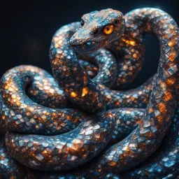 snake marble statue covered with glowing crystals, high exposure, Professional photography, high contrast, bright vibrant colors, dark tone, high highlights, Intricate Patterns, Ultra Detailed, Luminous, Radiance, beautiful, Ultra Realism, Complex Details, Intricate Details, 8k, HDR, High Quality, Trending On Artstation, Sharp Focus, Studio Photo, Intricate Details,