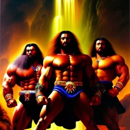 portrait oil on canvas, giants, the sons of Anak, mystical colors,insanely detailed,realistic,intrincate detail, 16k resolution, masterpiece,Simon Bisley,Frank Frazetta, Alex Horley,Tze Kun Chin