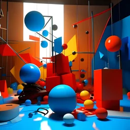 minimalist and stylized rube goldberg of mixed 3d shapes that were composed as a art installation, studio lighting, gallery cyc background, cinematic, dramatic angle, depth of field
