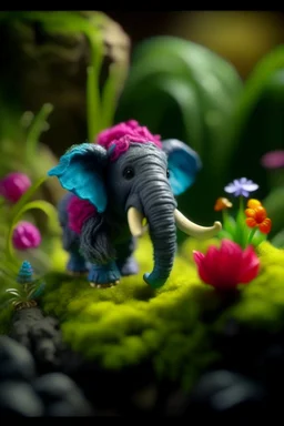 cute fluffy camo toy elephant jewelry in the room holding weird flowers in his trunk in the style of pixar, on a strange planet with weird colors and waterfalls, bokeh like f/0.8, tilt-shift lens 8k, high detail, smooth render, down-light, unreal engine, prize winning