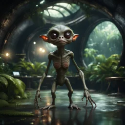 a lecture on blackboard of alien gremlin anatomy in dark lit reflective wet jungle metallic hall dome hotel tunnel, in the style of a fallout 4,bokeh like f/0.8, tilt-shift lens 8k, high detail, smooth render, down-light, unreal engine, prize winning