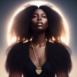 A portrait of a beautiful youthful black woman, wearing a black dress, long hair, black hair, wavy hair, wizard, magical, ethereal, soft bright lighting, Concept art by wlop, Ultra quality 8k, Fantasy.