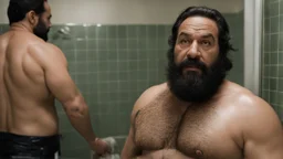 two ugly muscular chubby arab 40 years old similar to bud spencer, very detailed, full figure shot, very realistic photography, dim light, view from below, tiled restroom, tattoo, masculine bearded, white substance dripping from beard, with glue stuck to and dripping from beard,, , mature barely burly bearded muscled and robust