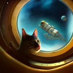 a highly detailed epic cinematic concept art CG render digital painting artwork: spaceship interior with floating astronaut and cat, milkyway view through porthole,brian froud, howard lyon, selina french, anna dittmann, annie stokes, lisa parker, greg rutowski, alphonse mucha