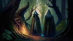 The hooded sorcerer and the king in the forest