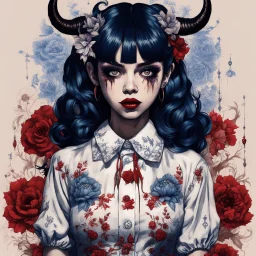 wears a smart shirt which is embroidered with bluered flowers and ornaments, has dark eyes and horns,Poster in two gradually, a one side malevolent goth vampire girl face and other side the Singer Melanie Martinez face, full body, painting by Yoji Shinkawa, darkblue and sepia tones,