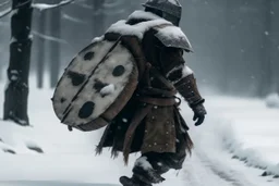 a man carrying a heavy ton boulder on his back, wearing warrior knight armour, walking in cold windy weather, leaving bloodstains on the snow, arrows shot stuck on his chest, dramatic