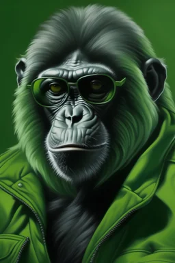 Portrait of a ape with dark glasses and green coat