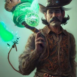 Insanely detailed photograph of an “ a mustachioed cowboy warrior "with worn Sombrero, handsome charo,cigar,glowing bluish green orb in outstretched hand, hyperdetailed painting by Ismail Inceoglu Huang Guangjian and Dan Witz CGSociety ZBrush Central fantasy art album cover art,8K, hdr, mysterious, flickeringlights ,Stoic