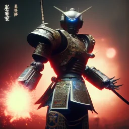  robot samurai with yakuza tatu, atmospheric, realistic, unreal engine cosmic galactic, cinematic lighting, octane render, random colors, transparent, cosmic ambiance, masterpiece, art by Yoji Shinkawa, composing fit inside, masterpiece