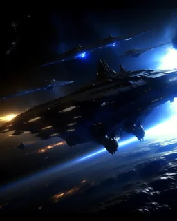 Stealth frigates futuristic emerging from cloaking fields to ambush a heavily armored dreadnought fleet, ion torpedoes streaking through the dark, holographic countermeasures flaring, sci-fi space warfare at its finest, dramatic shadows, octane render, futuristic concept art