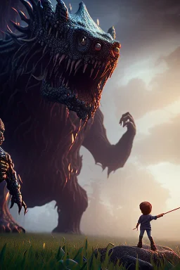 kleiner mann steht vor einem riesen monster, unreal engine, düster, macht