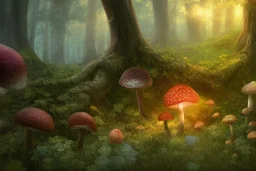 a beautiful digital illustration painting of a detailed fantasy tree trunk and roots, mushroom, flowers, 8k resolution, volumetric lighting, volumetric clouds, concept art, digital illustration, art by sam curry