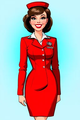 pin-up style realistic cartoon of 50 year old brunette stewardess in red uniform dress, smiling invitingly with very red lips and long eyelashes