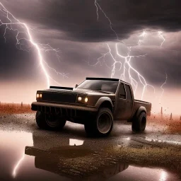 hyperrealistic shot, off-road truck, speeding, earth color palette, sharp focus, puddle reflection, tire water splash, refraction, rain and lightning on the horizon, shadowcast, detailed and intricate, cinematic composition, tilt shift photography