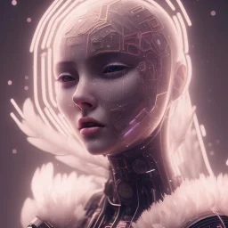 A beautiful portrait of a cute cyberpunk woman crying, grain on the skin, orange color scheme, high key lighting, volumetric light high details with white stripes and feathers full length clean art NFT, soft lighting, soft pastel gradients, high definition, blender 3d cinematic, op art, visionary art, sacred geometry, fractal, white balanced