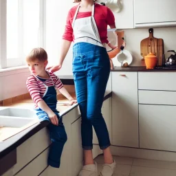 Realistic photo Russian shorthair beautiful tomboy boyish boylike young mother wide hips in kitchen