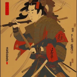 human Samurai Japanese Ukiyo-e, sun in the background, walking in the mountains