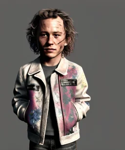 Heath ledger toddler, full body, sneaker, leather jacket, floral shirt, soft skin, dramatic lighting, hyper realistic