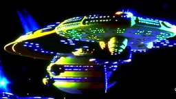 a screen capture from a star trek movie of a battle-damaged starship enterprise IN the year 2380 IS IN A BATTLE with monster ufos sci-fi meticulous, highly-polished, photorealistic, studio production, intricately detailed, GALACTIC, directed by gene Roddenberry,