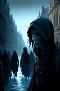 French animation arcane style. City street crowded by people with no faces