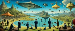 Mr Salvador Dali and Mr Hieronymus Bosch talking to each other at an outdoor surrealist market. A small flock of dream-like sky-manta-rays swim high in the far distance, with smaller weird sky-fish floating above the heads of the people at the beautiful surreal outdoor countryside summer scene with hills, waterfalls, and an intricate fractal sky, very high detail, photorealistic, epic cinematic, 8K, Large depth of field