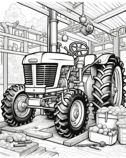 B/W outline art,coloring book page, full white, super detailed illustration for adult,"Mechanical Cow - In the Workshop Repairing Agricultural Vehicles.", crisp line, line art, high resolution,cartoon style, smooth, low details, no shading, no fill, white background, clean line art,low background details, Sketch style.